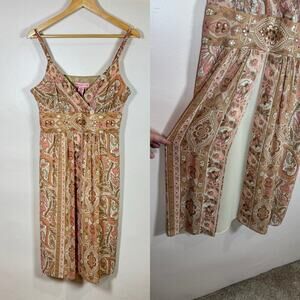 VTG Y2K Women’s Babydoll midi Dress Fairy Whimsigoth Brown Pink Paisley Beaded